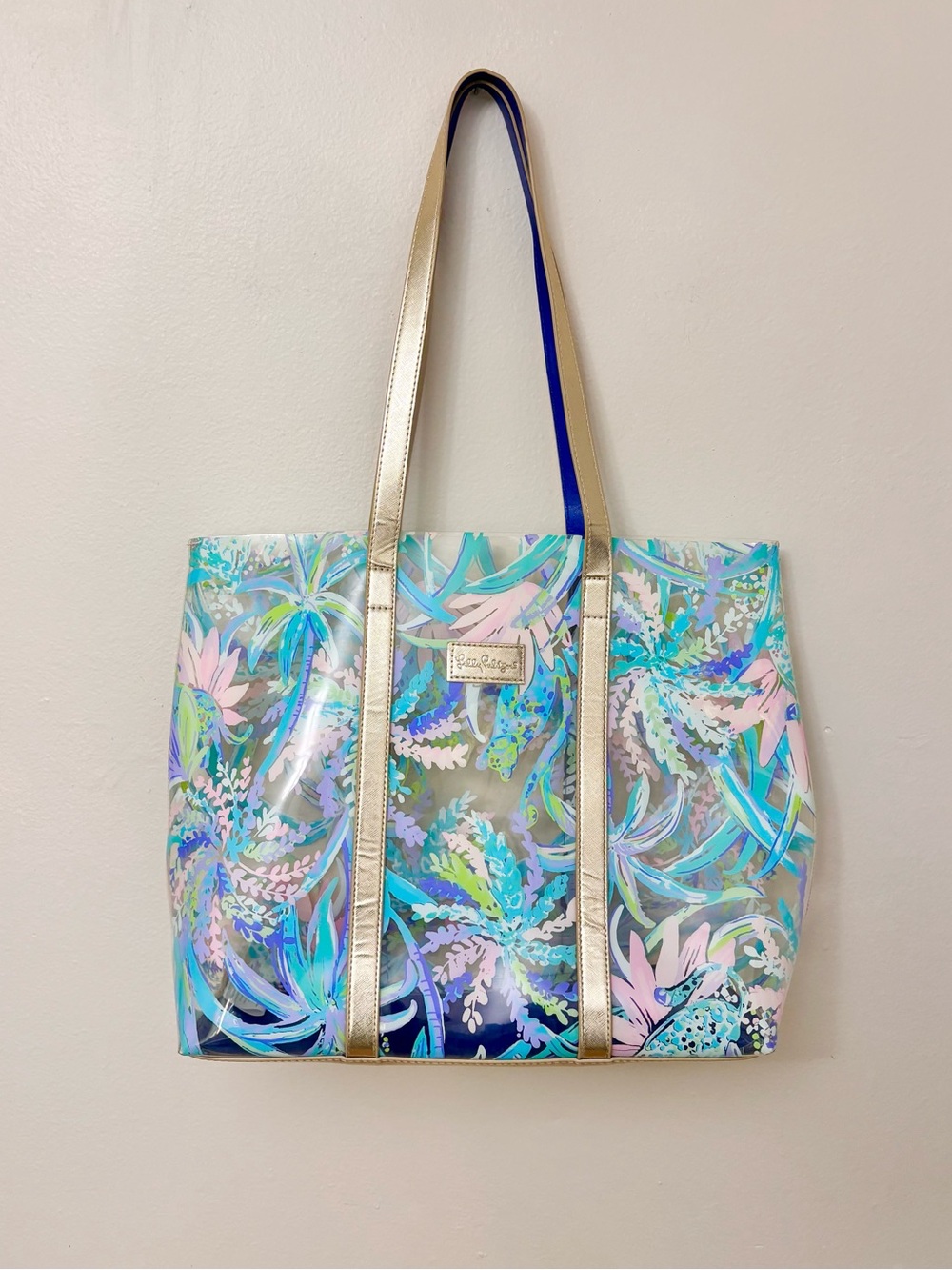 Lilly Pulitzer Sweet Escape Clear Beach Pool Tote Bag Gold Accent Tropical PVC